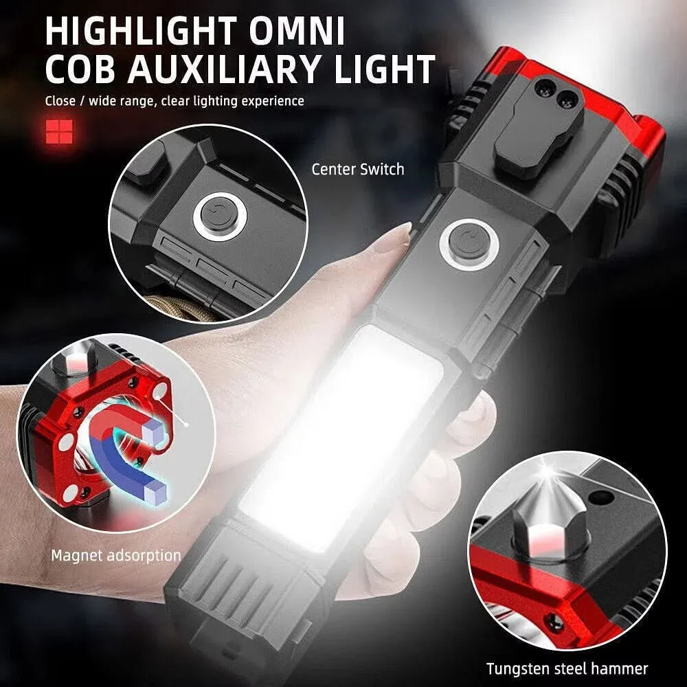 COB LED Rechargeable Work Light – Magnetic Emergency Flashlight with Safety Hammer Portable Camping & Car Repair Light
