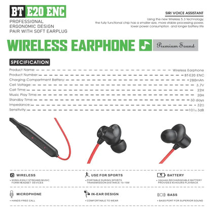 Erorex BT E20 ENC Wireless Neckband Earphones – Bluetooth Sports Earbuds with Noise Reduction & Deep Bass